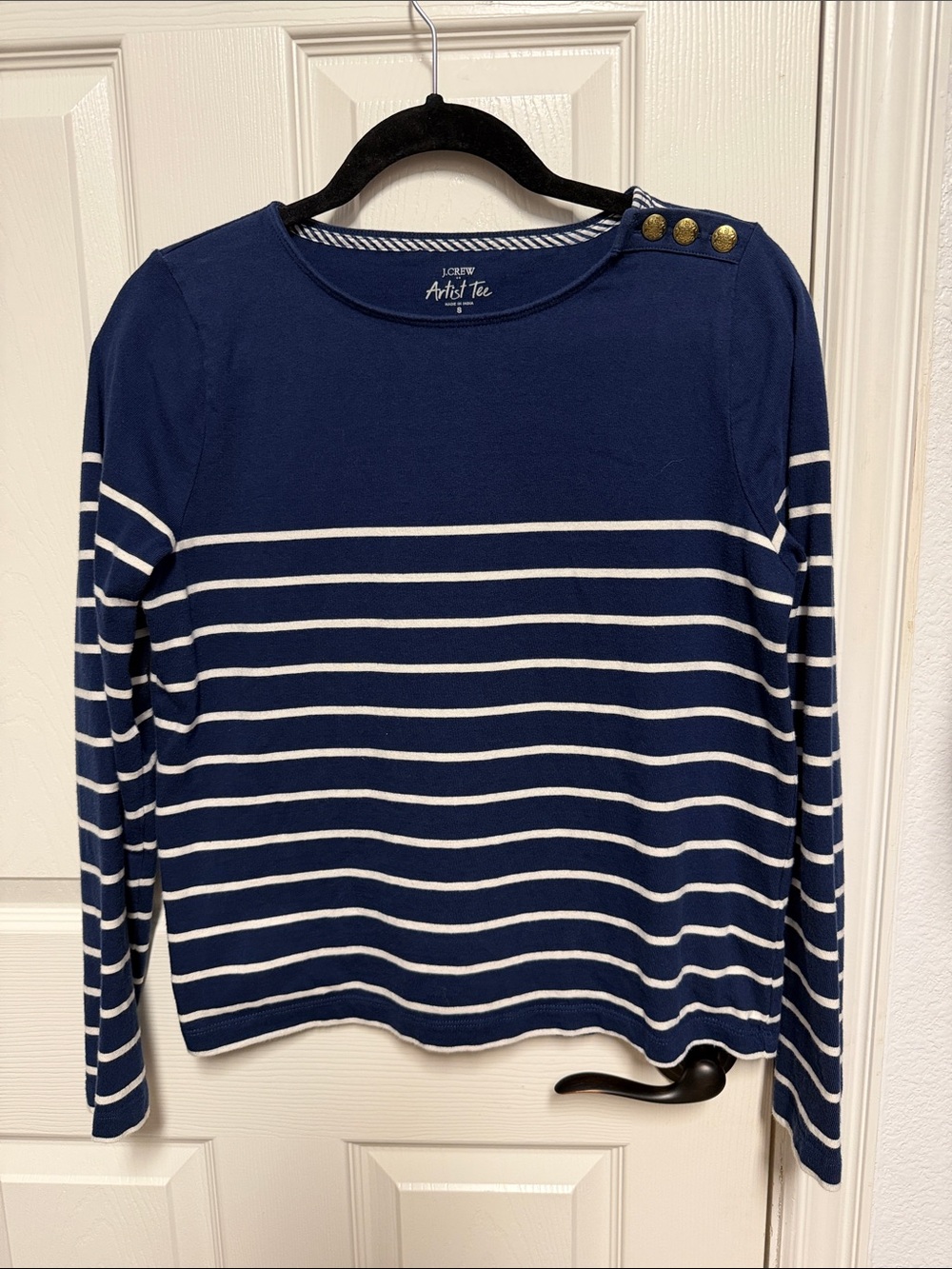 J. Crew Navy and White Striped Long-Sleeve Tee with Shoulder Buttons